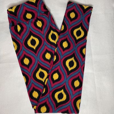 New Woman’s LuLaRoe Maroon Teal Black Yellow Geo Pattern Leggings OS